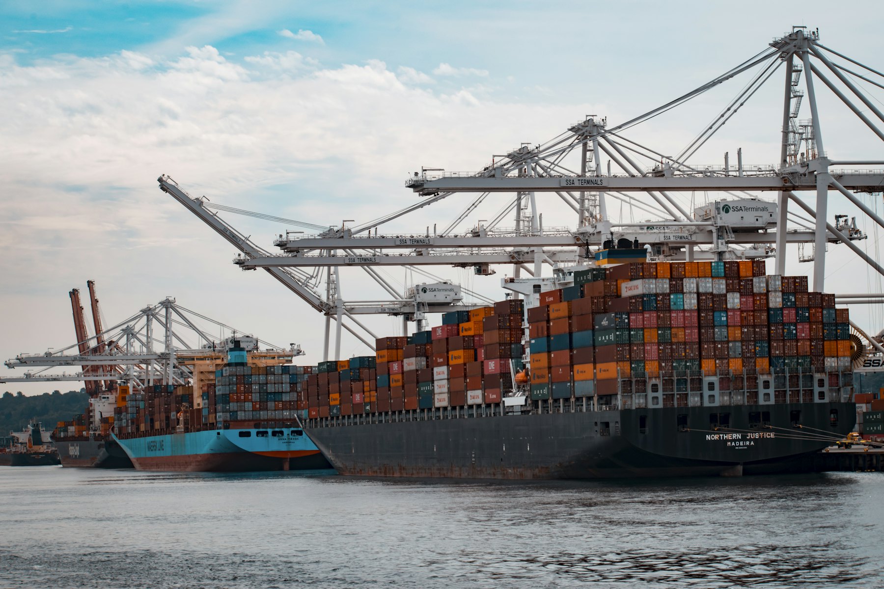 Container ships being loaded under gantry cranes at a port terminal