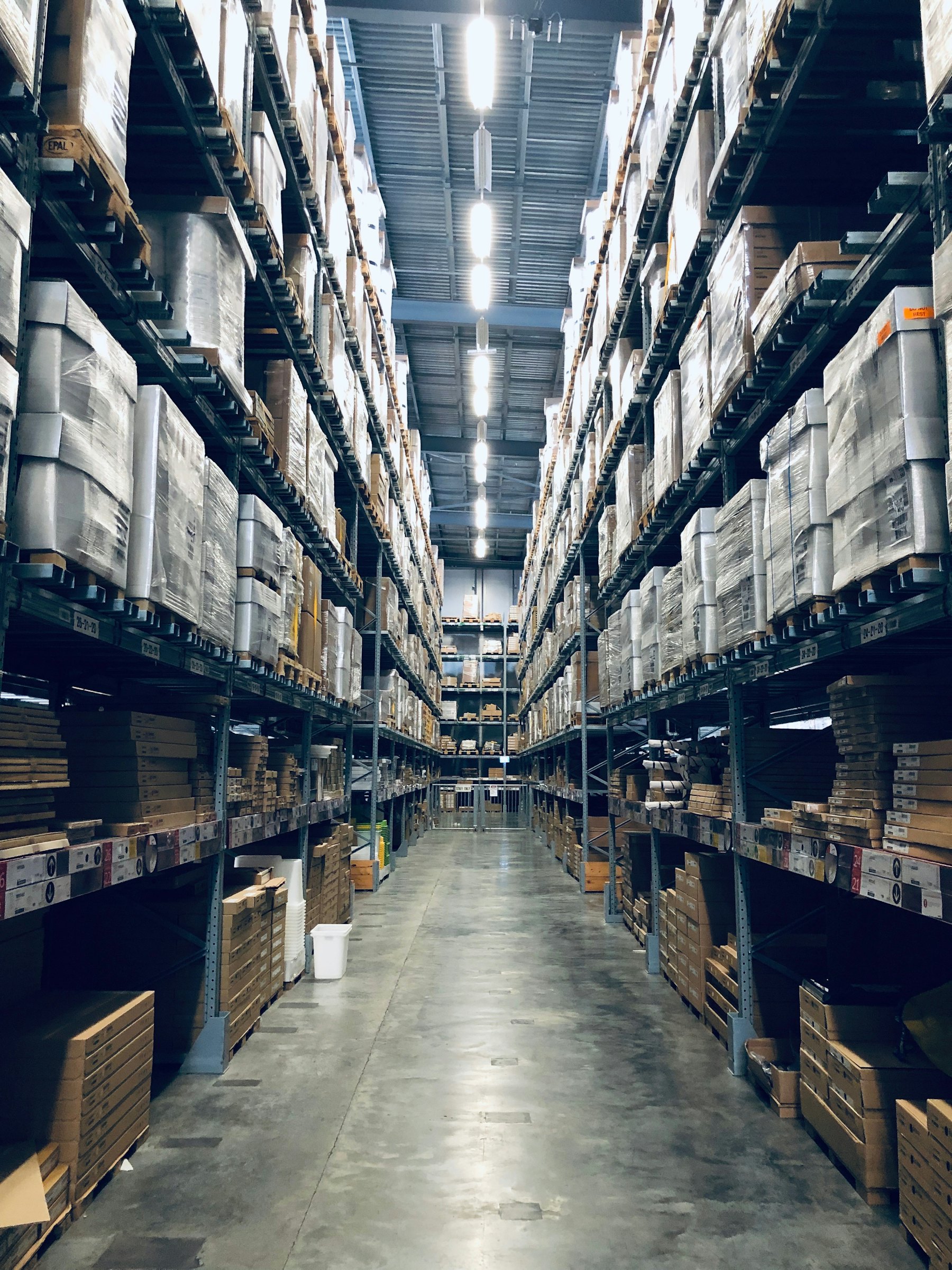 Racked pallets inside a modern distribution warehouse